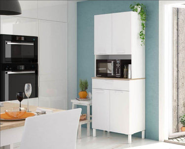 Denby White and Oak 4-Door Modern Kitchen Utility Cupboard with Hutch and Drawer - UK Luxury Furniture